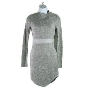 Rumor - Long Sleeve Grey Ribbed Knit Dress with Mesh Detail - XS